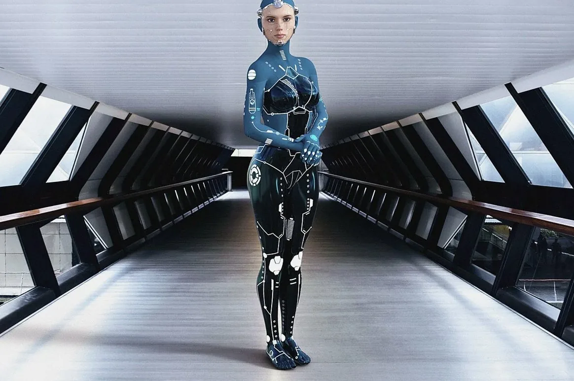 woman, corridor, female, cyborg, android, robot, bodysuit, one piece, mechanical engineering, humanoid, mixed creatures,